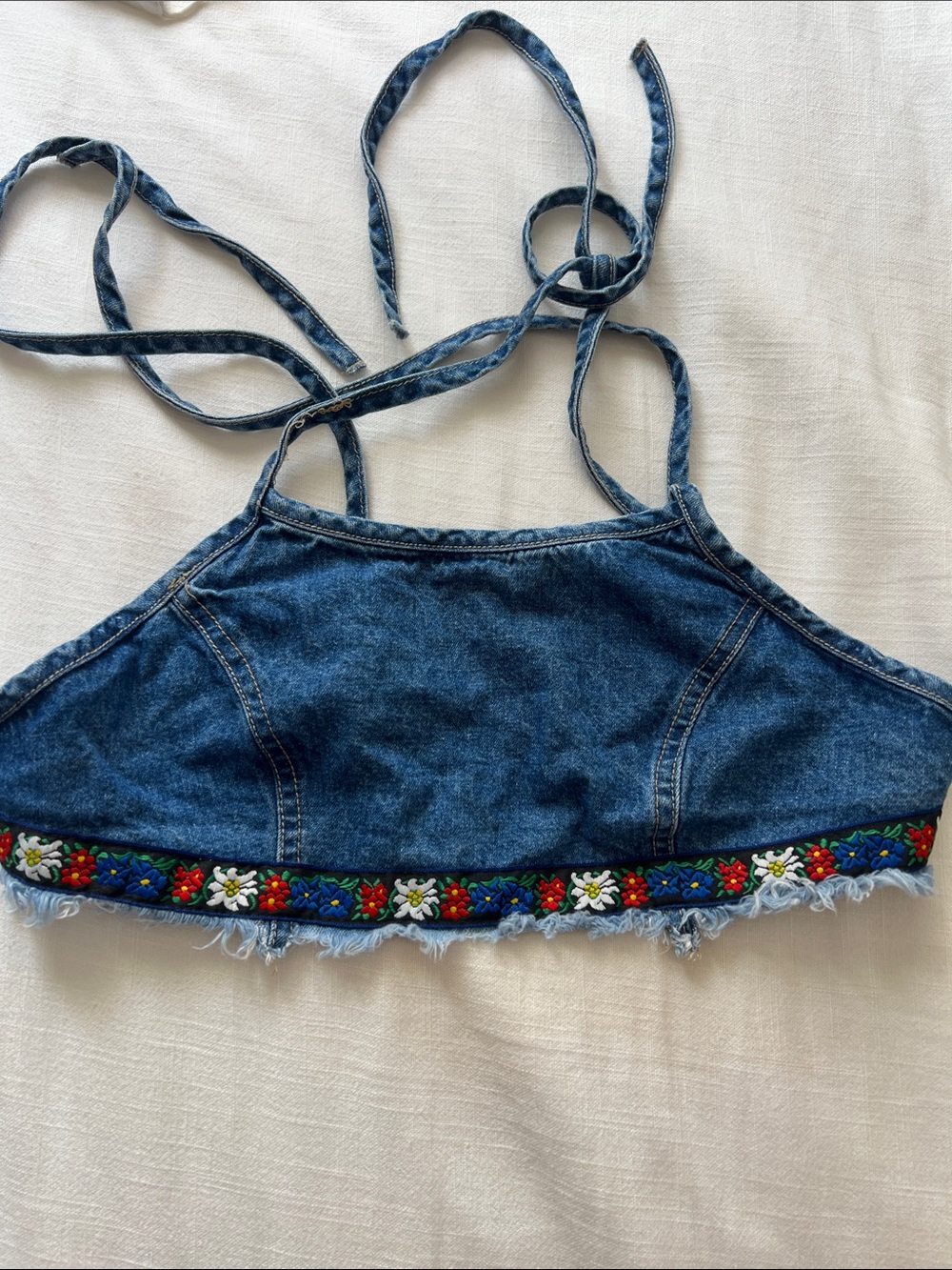 Vintage Paris blues denim halter crop top